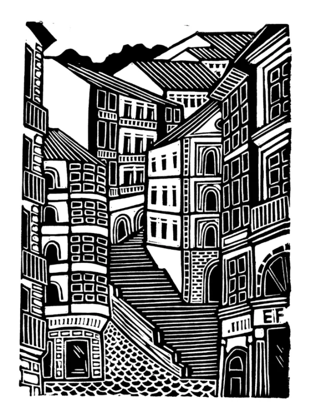 Burin and Plate linocut of Bilbao Old Town streets