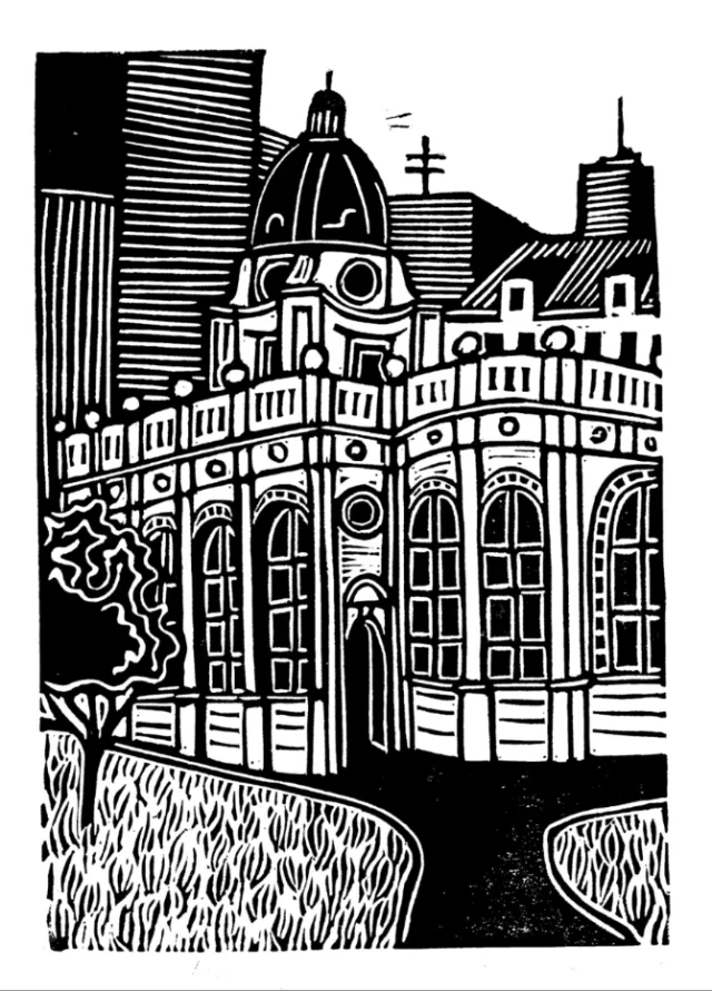 Linocut of Birmingham Cathedral by Burin and Plate