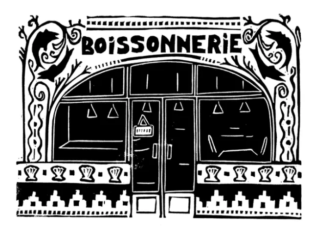 Burin and Plate linocut showing a decorative French cafe facade