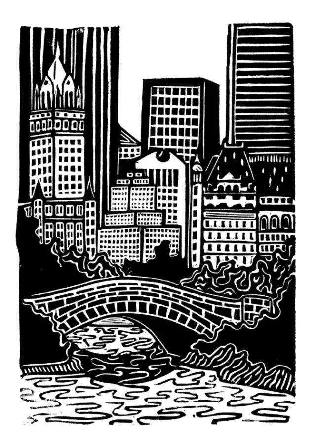 Burin and Plate linocut showing Central Park and New York City buildings