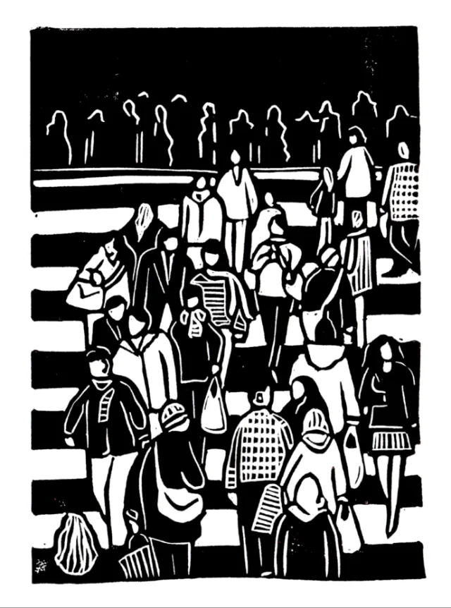 Burin and Plate linocut showing a dense crowd in black and white