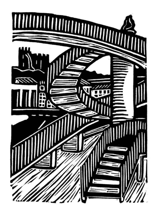 Burin and Plate linocut showing a layered urban footbridge scene