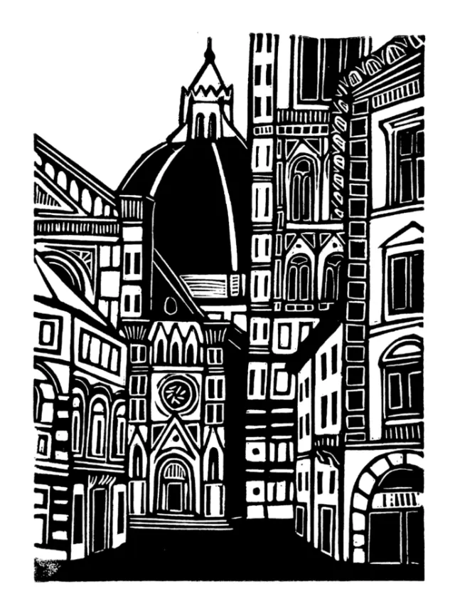 Black-and-white linocut of Florence Cathedral by Burin and Plate