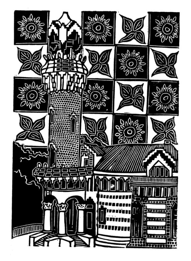 Linocut by Burin and Plate depicting an Antoni Gaudí house with floral motifs
