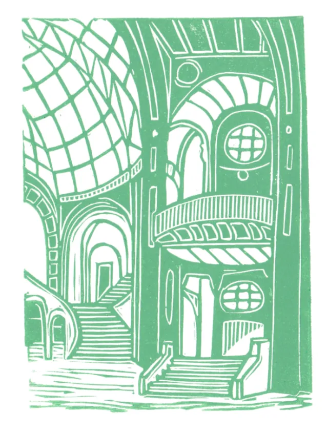 Linocut interior of Paris's Grand Palais by Burin and Plate