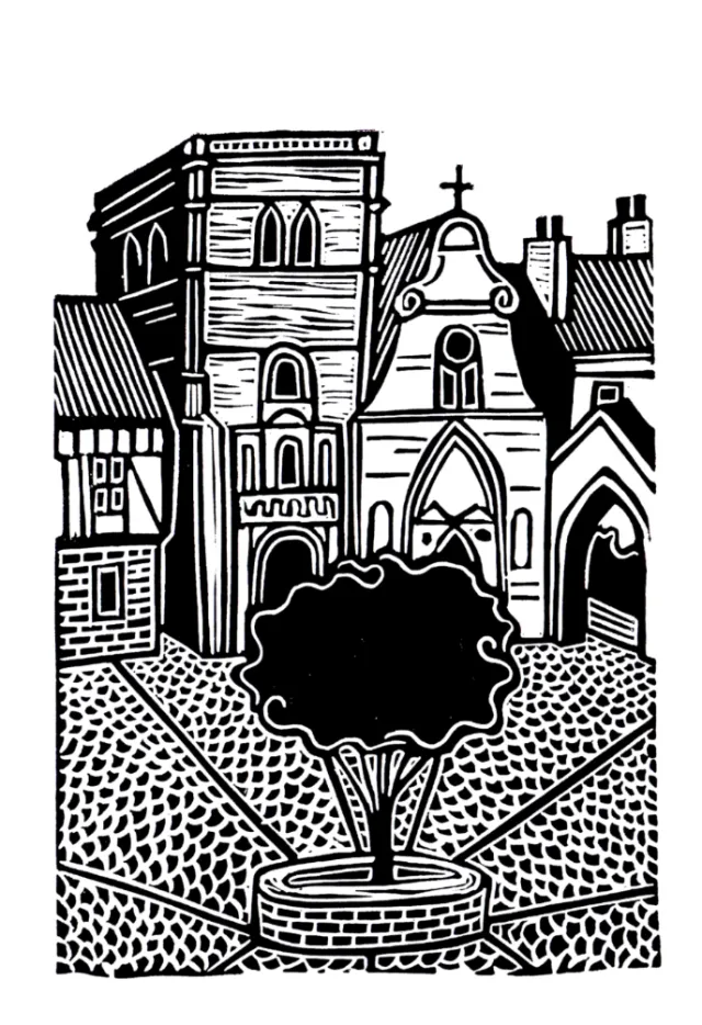Village square with fountain and church, linocut by Burin and Plate