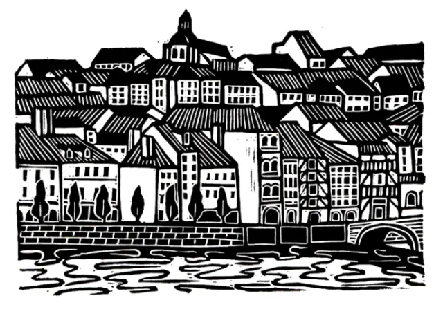Linocut print of Joigny, France by Burin and Plate