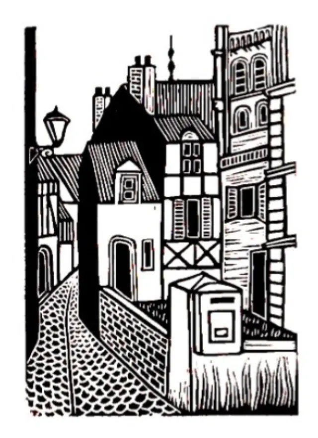 Burin and Plate linocut showing a narrow village street with timbered buildings