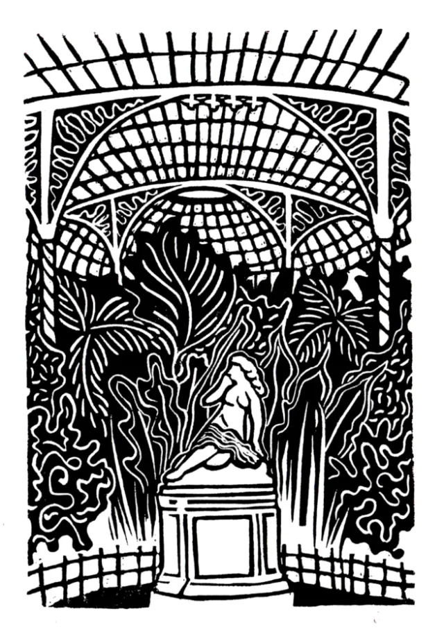 Linocut print of Kibble Palace glasshouse by Burin and Plate