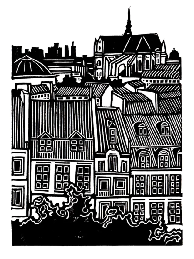 Burin and Plate linocut of Parisian rooftops and historic buildings