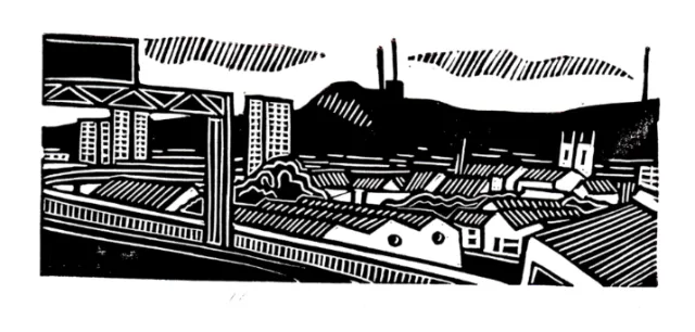 Burin and Plate linocut showing a motorway above an industrial landscape