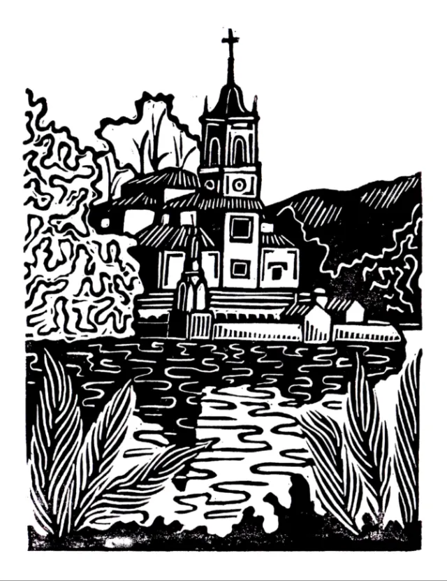 Linocut print of Niembro, Spain, by Burin and Plate