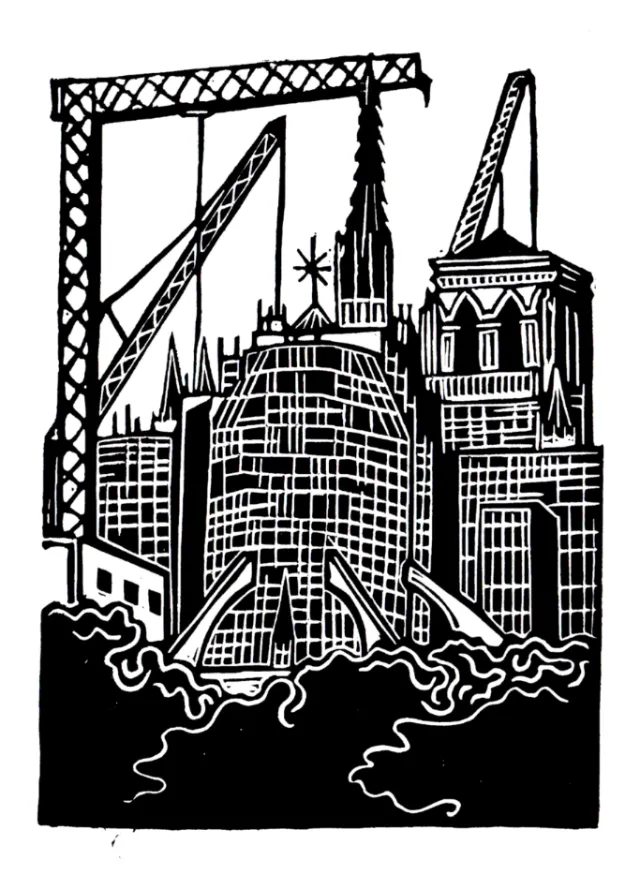 Linocut print of Notre-Dame scaffolding by Burin and Plate