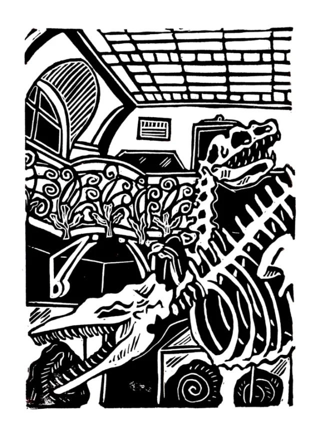 Burin and Plate linocut of dinosaur skeletons in Galerie de Paléontologie