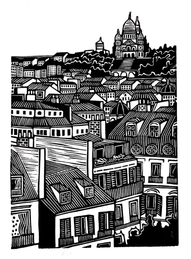 Burin and Plate linocut depicting dense Parisian rooftops and a domed church