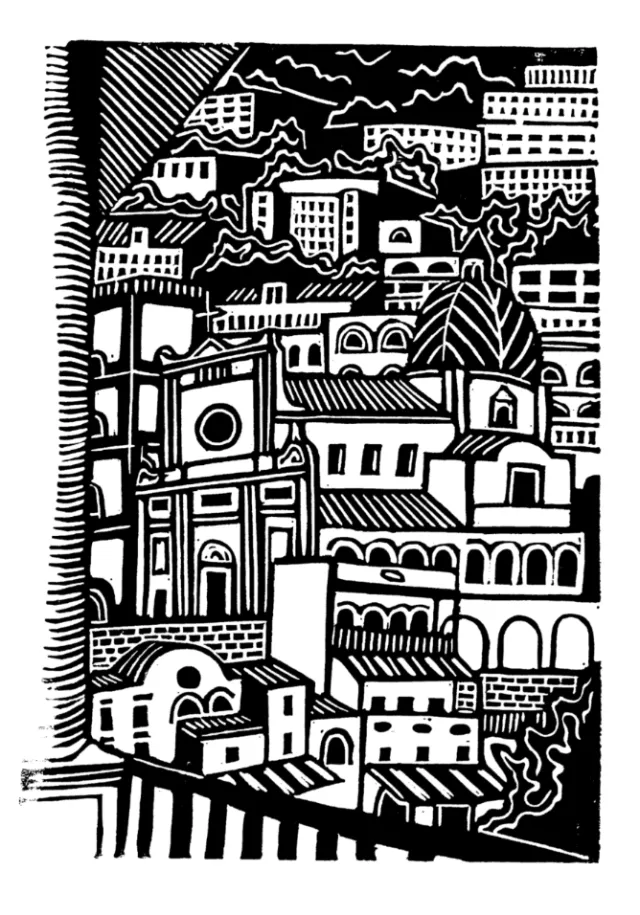 Black-and-white Positano cityscape linocut by Burin and Plate