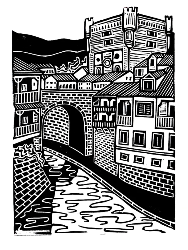 Black-and-white linocut of Potes, Spain by Burin and Plate