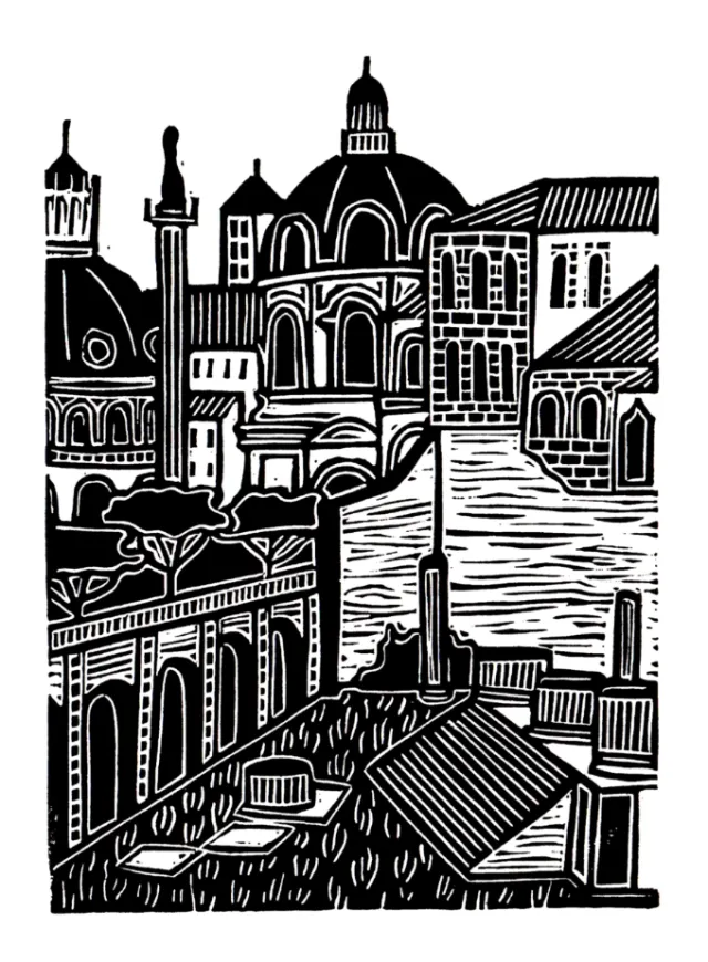 Burin and Plate illustration of the ruins of the Roman Forum in Rome