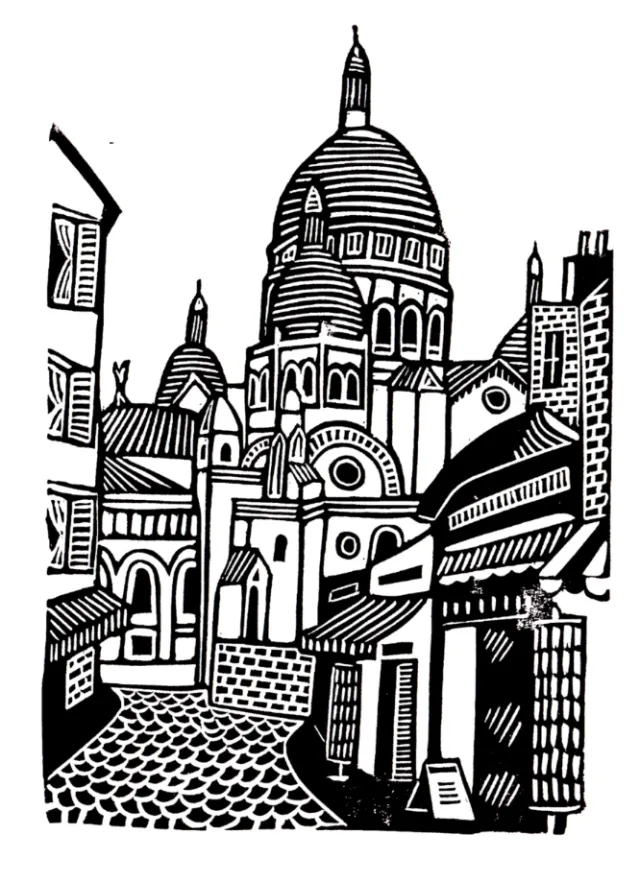 Burin and Plate linocut of Montmartre streets and Sacré-Cœur in Paris
