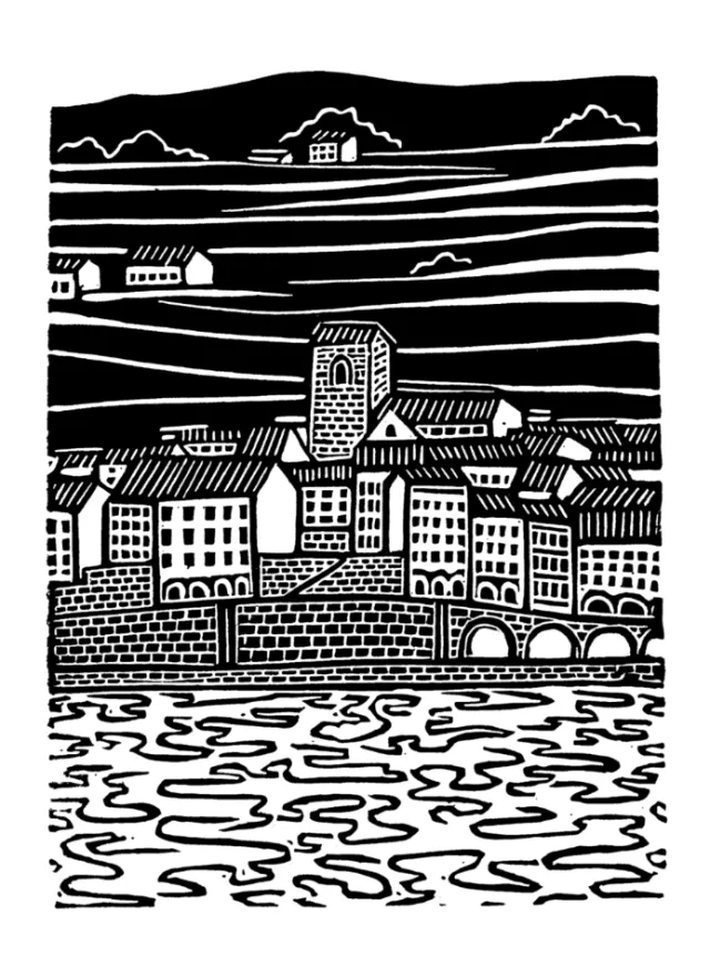 Linocut of Saint-Saphorin, Switzerland by Burin and Plate