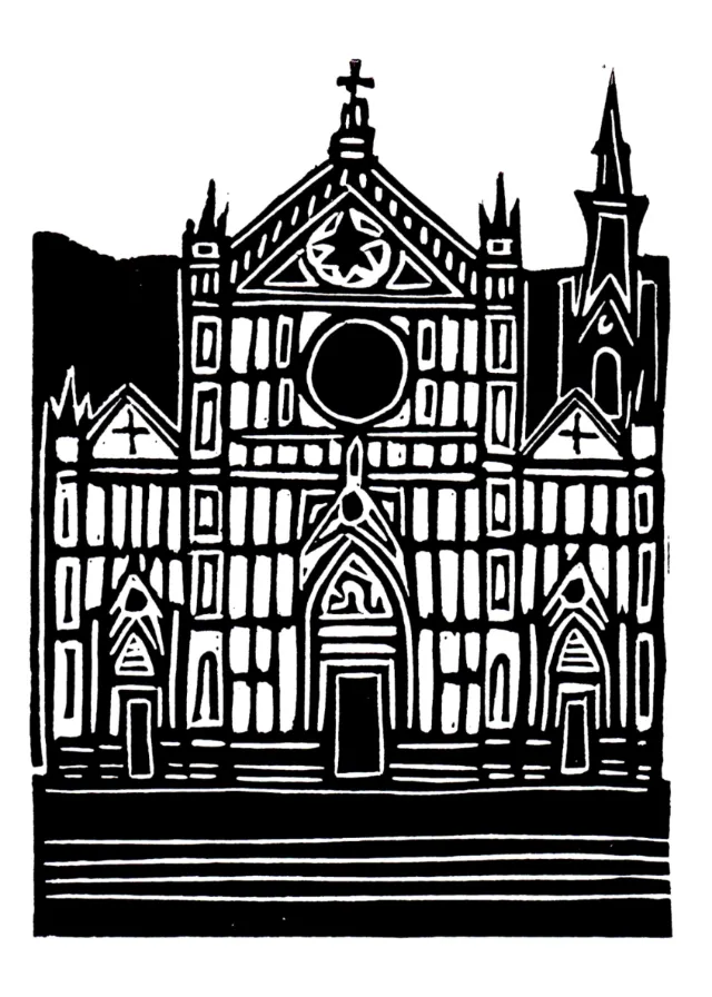 Burin and Plate linocut depicting Santa Croce Basilica in Florence
