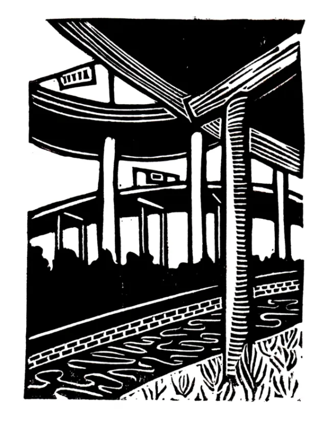 Linocut of Spaghetti Junction by Burin and Plate