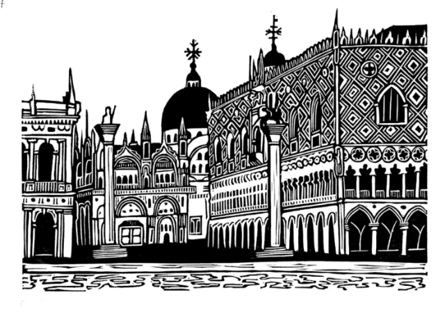 Linocut of St Mark's Square in Venice by Burin and Plate