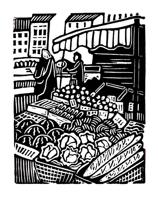 Burin and Plate linocut showing a bustling market stall with produce