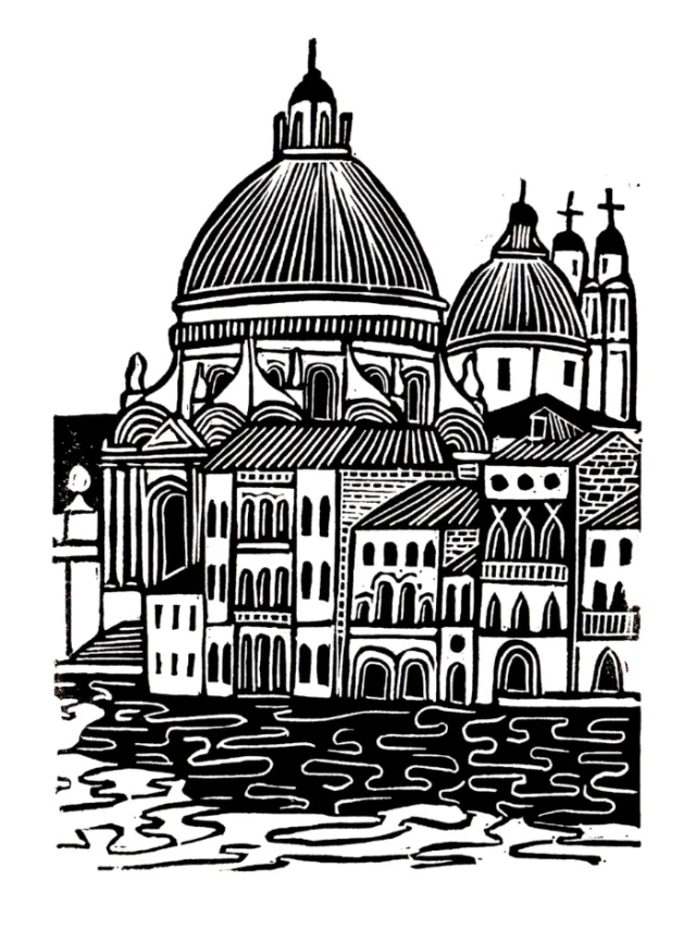 Linocut by Burin and Plate showing a Venetian church beside the Grand Canal