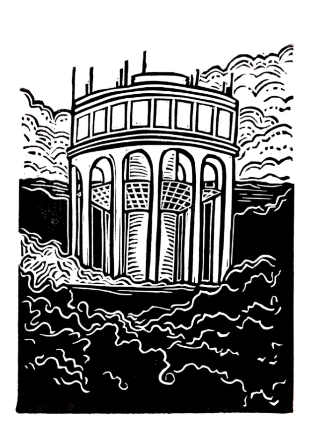 Linocut water tower print by Burin and Plate