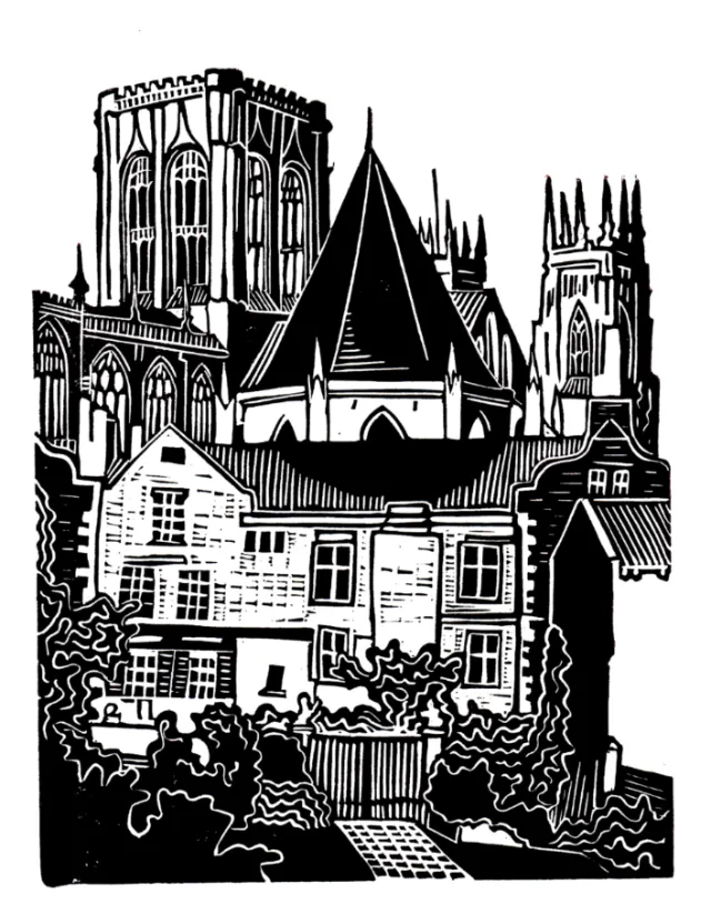 Burin and Plate linocut print depicting York Minster and surrounding buildings