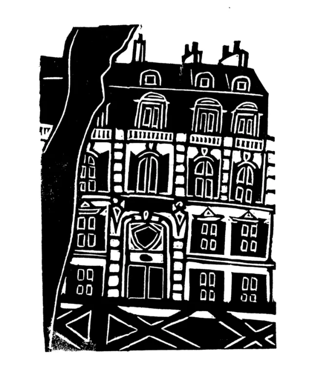 Burin and Plate linocut of a narrow Parisian townhouse