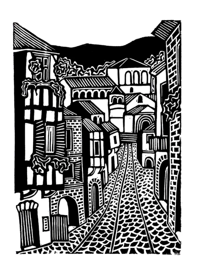 Burin and Plate linocut depicting a street in Santillana del Mar