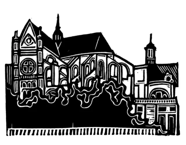 Burin and Plate linocut depicting a Parisian church