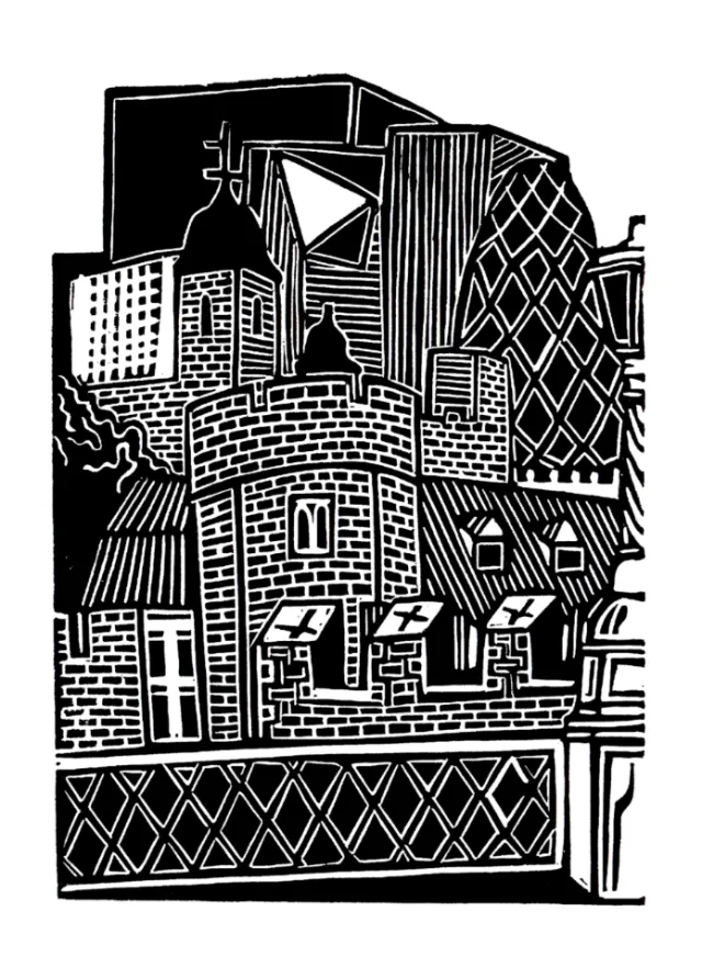 Linocut print of the Tower of London by Burin and Plate
