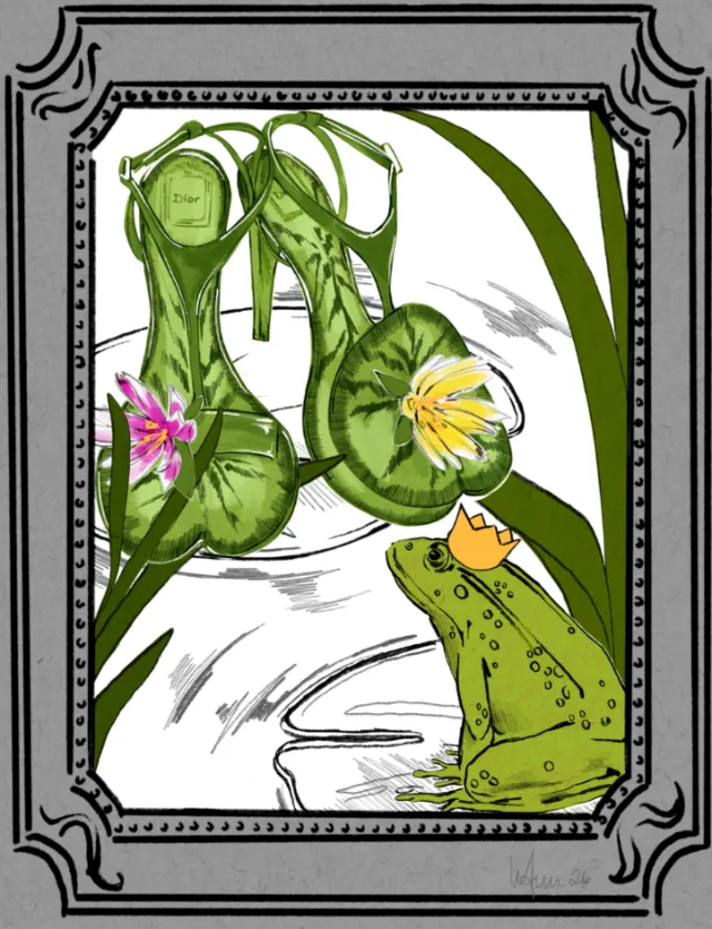 Illustration of green shoes and a frog by Elly Azizian