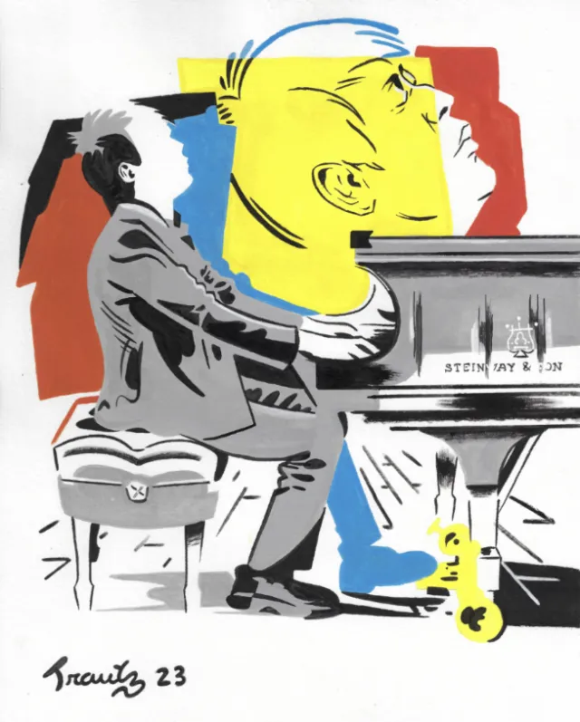 Illustration of Lang Lang playing piano with expressive colors by Augie Trautz
