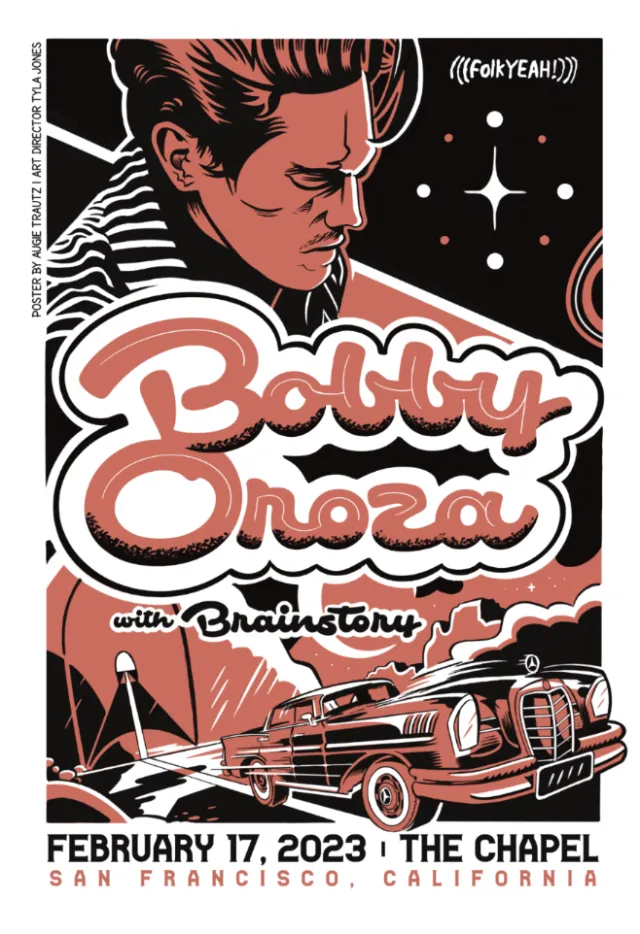 Bobby Oroza concert poster with vintage car and starry background by Augie Trautz