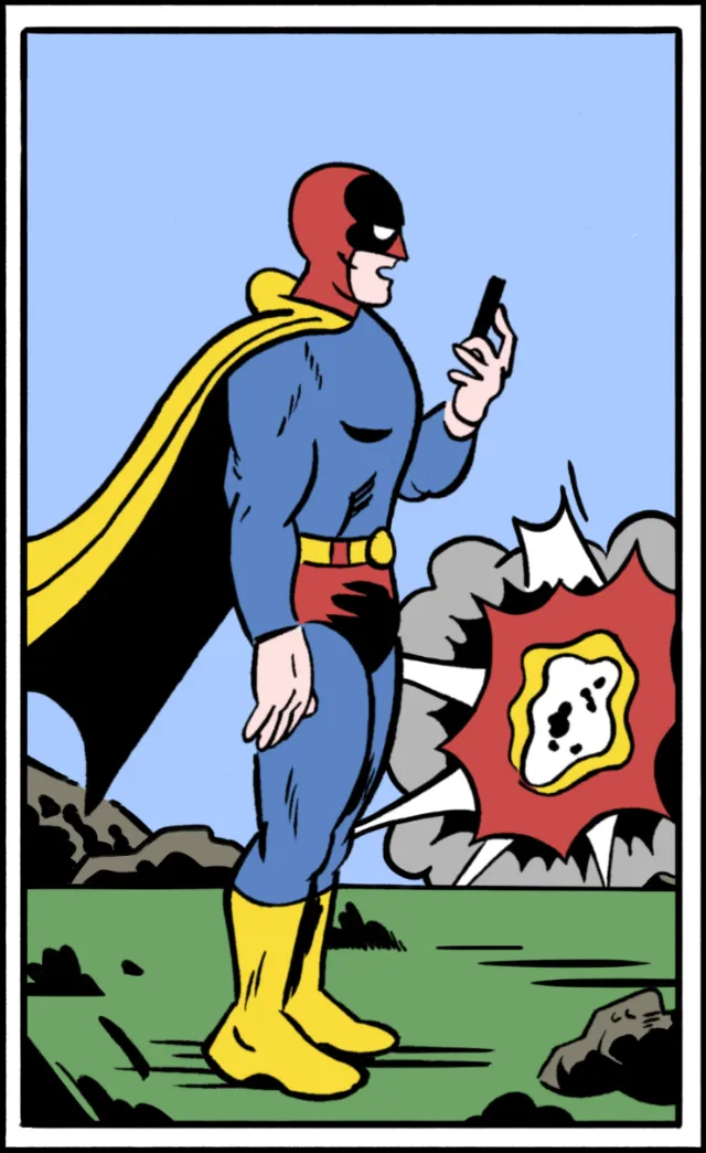 Superhero checking phone while explosion happens behind