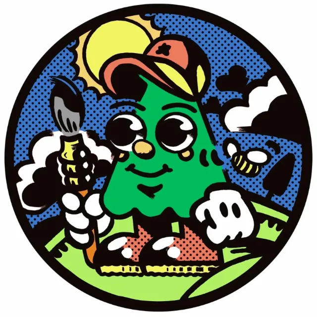 Cartoon green character holding paintbrush in colorful outdoor scene by Augie Trautz