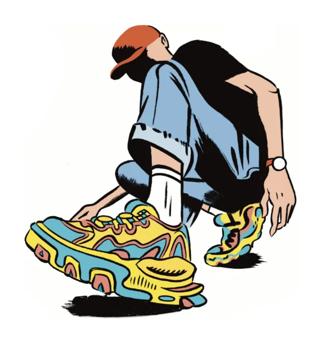 Illustration of person crouching wearing colorful sneakers by Augie Trautz