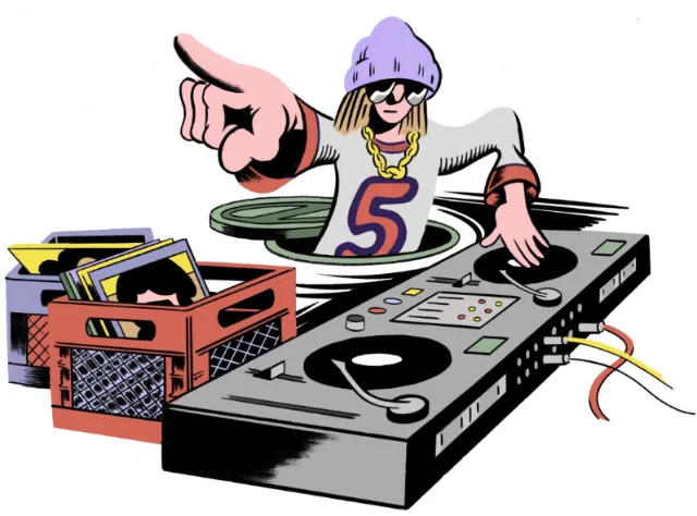 Hip-hop DJ with purple hat and gold chain rising from sewer near turntables, by Augie Trautz