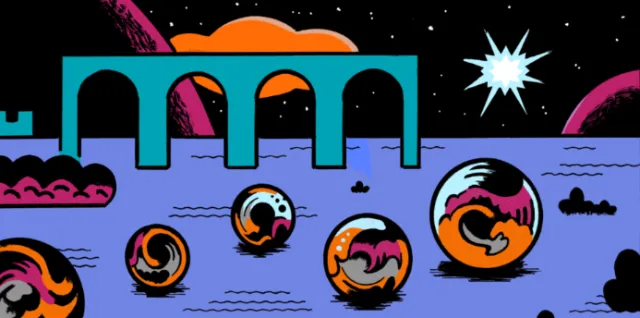 Marbles rolling near ancient ruins under a bright distant supernova by Augie Trautz
