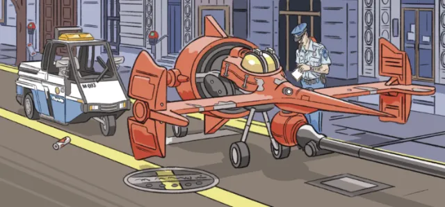 San Francisco parking attendant ticketing spaceship in street scene by Augie Trautz