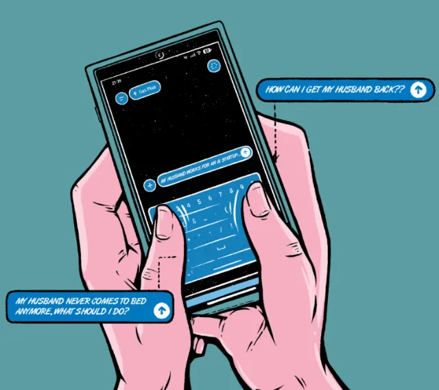 Hands holding phone showing texts about marital issues by Cat Sims