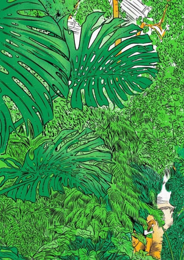 Tropical jungle with large green leaves and dense foliage by Cat Sims