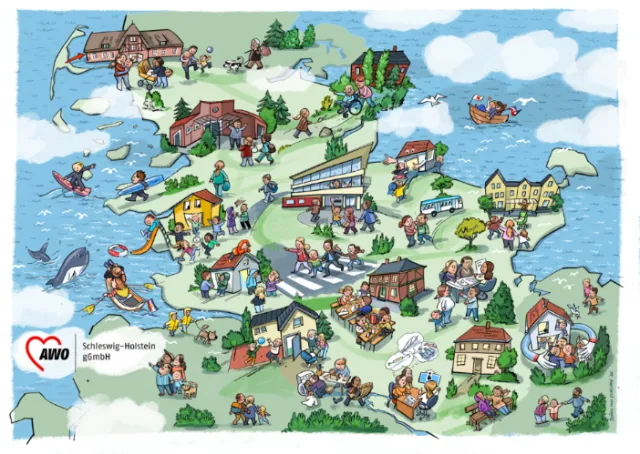 Cartoon map of Schleswig-Holstein with landmarks and people by Björn von Schlippe
