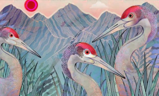 Illustration of three cranes with pink-red heads near grass and mountains by Hannah Davies