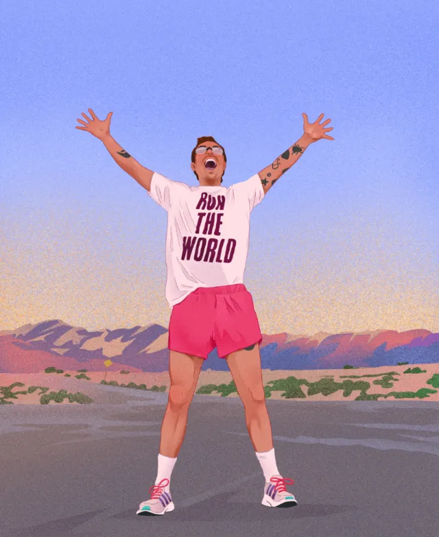 Illustration of Harry Styles in desert wearing 'Run The World' shirt by Julia Prokhotskaya