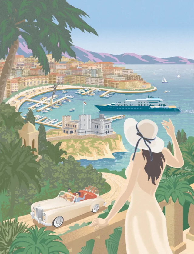 Woman in hat overlooking Monaco harbor with yacht and convertible car by Colin Elgie